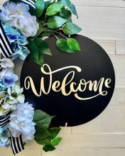 Load image into Gallery viewer, Blue Hydrangeas Welcome Grapevine Wreath