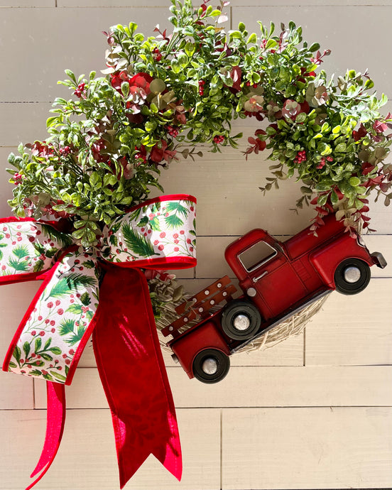 Holly Red Truck Holiday Winter Wreath