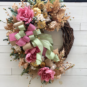 Rose Pink Peonies and Neutral Fall Autumn Wreath