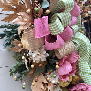 Rose Pink Peonies and Neutral Fall Autumn Wreath