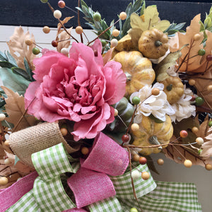 Rose Pink Peonies and Neutral Fall Autumn Wreath