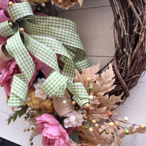 Rose Pink Peonies and Neutral Fall Autumn Wreath