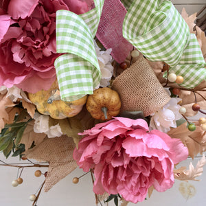 Rose Pink Peonies and Neutral Fall Autumn Wreath