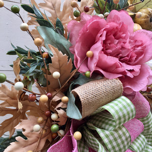 Rose Pink Peonies and Neutral Fall Autumn Wreath