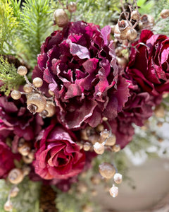 Magenta Peony and Roses Holiday Winter Wreath