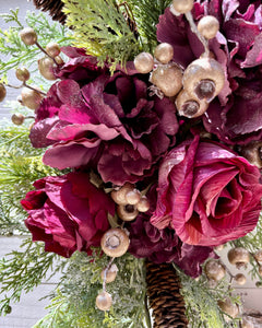 Magenta Peony and Roses Holiday Winter Wreath