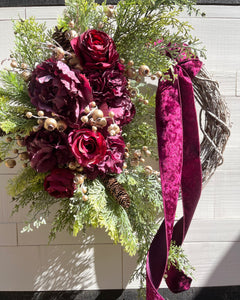 Magenta Peony and Roses Holiday Winter Wreath