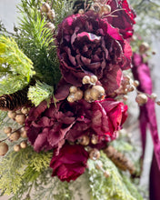 Load image into Gallery viewer, Magenta Peony and Roses Holiday Winter Wreath
