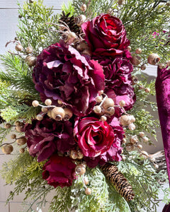 Magenta Peony and Roses Holiday Winter Wreath