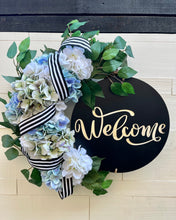 Load image into Gallery viewer, Blue Hydrangeas Welcome Grapevine Wreath
