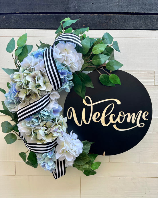 Blue Hydrangeas Welcome Grapevine Wreath