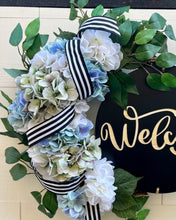 Load image into Gallery viewer, Blue Hydrangeas Welcome Grapevine Wreath
